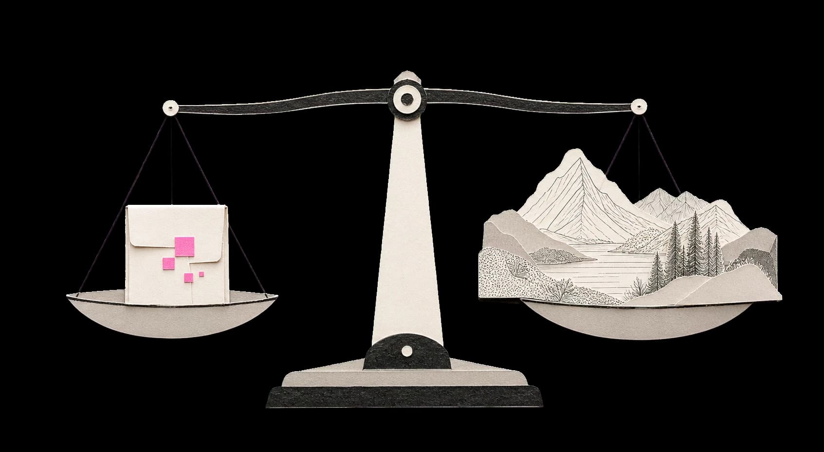 A balance scale holding a smaller image parcel on one side and a detailed landscape on the other.