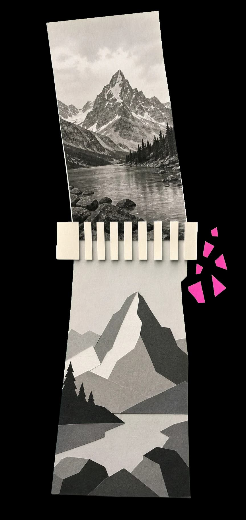 A detailed mountain photograph passing through a paper comb and emerging as a simplified paper landscape.