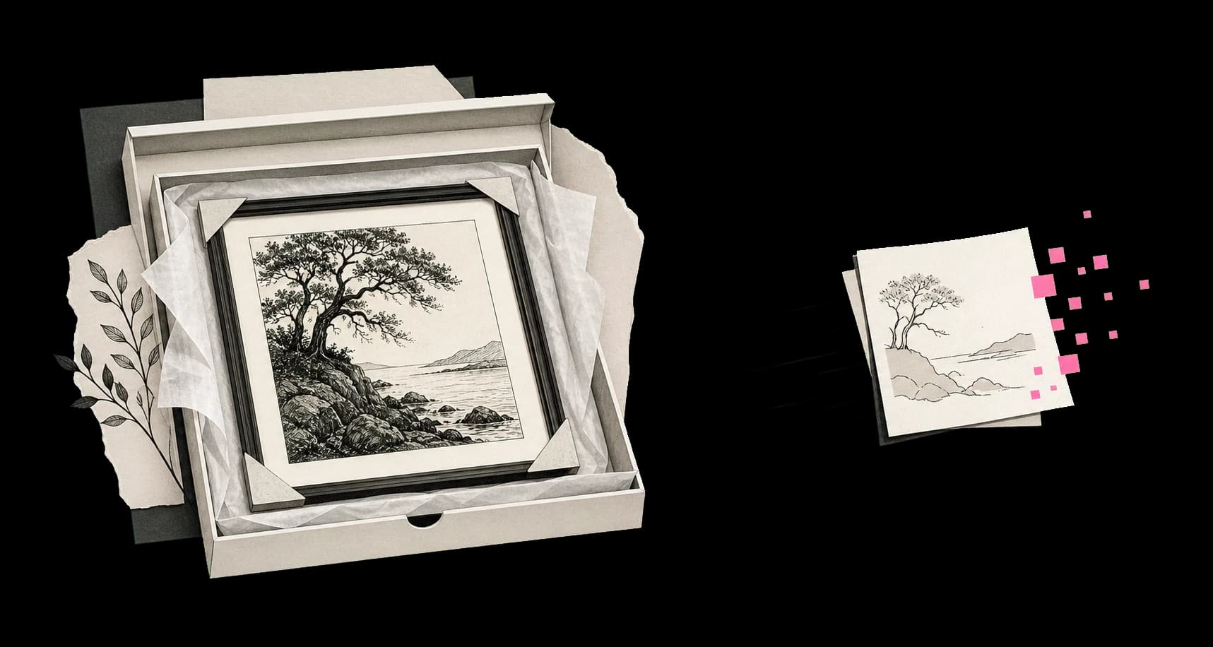 A detailed framed artwork in protective storage beside a smaller copy traveling away.