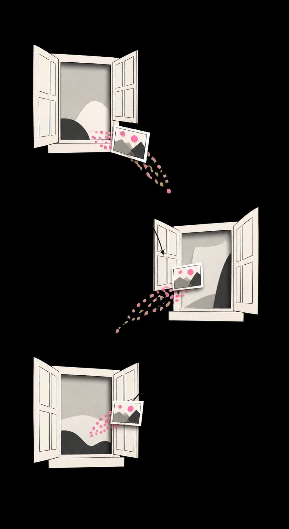 Small image cards traveling between open paper windows along a looping path.