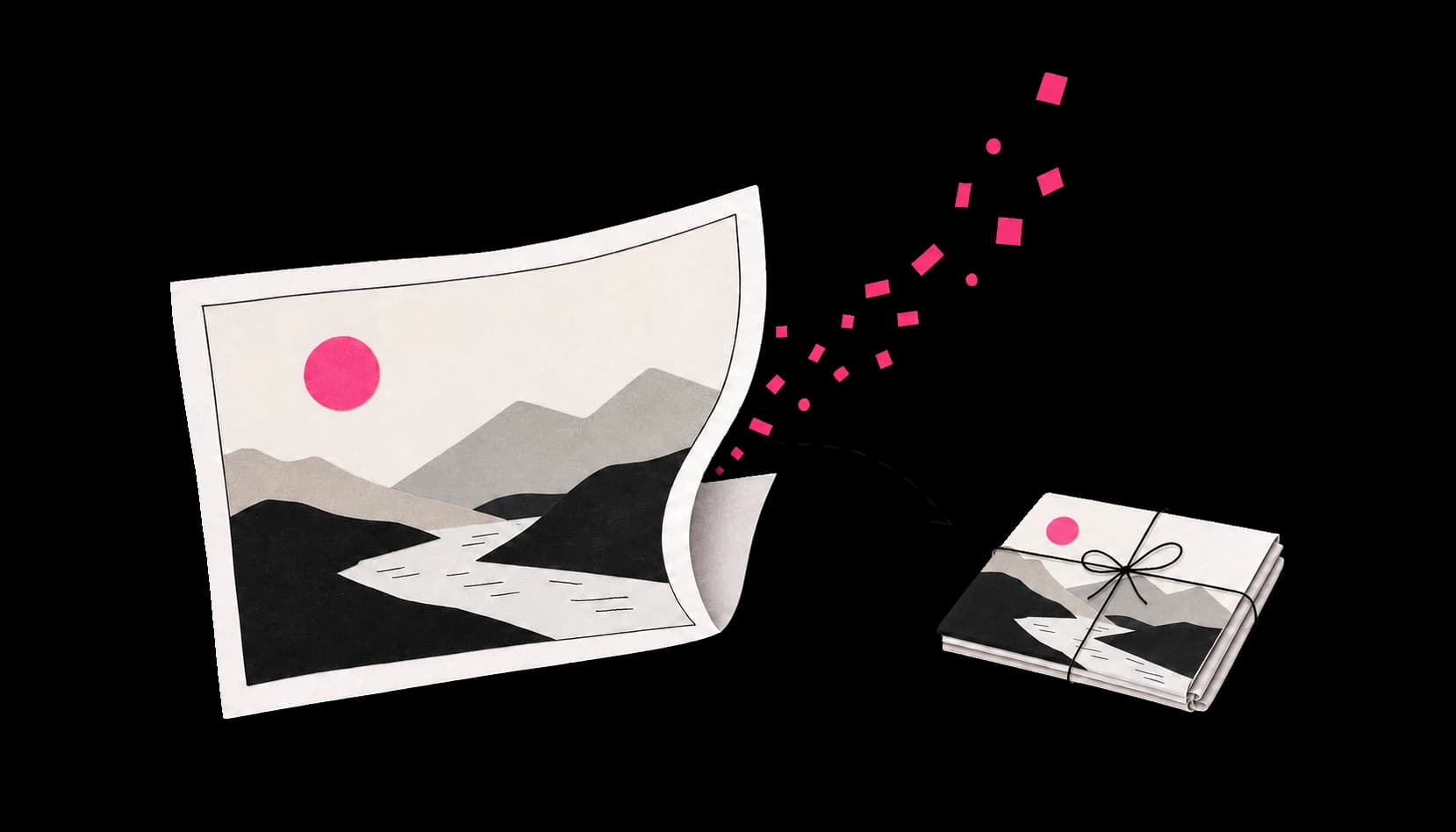 A large photograph folded into a smaller parcel as tiny bytes float away.